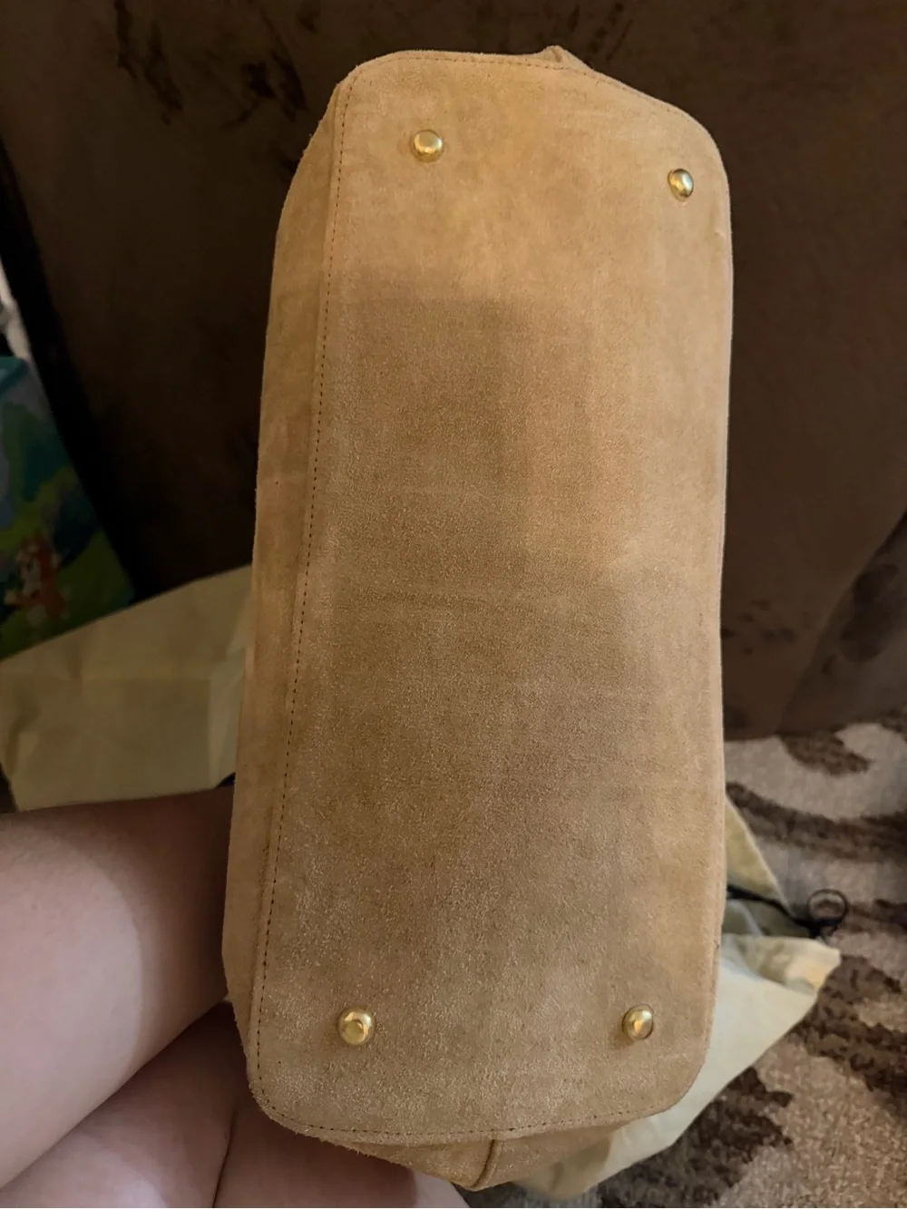 Tan Suede Frame Clutch with Gold-Tone Hardware